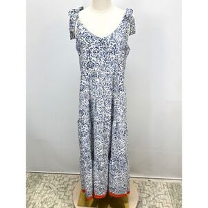 Audrey Parks Francesca's Blue White Paisley Tiered Maxi Dress Orange Hem Medium